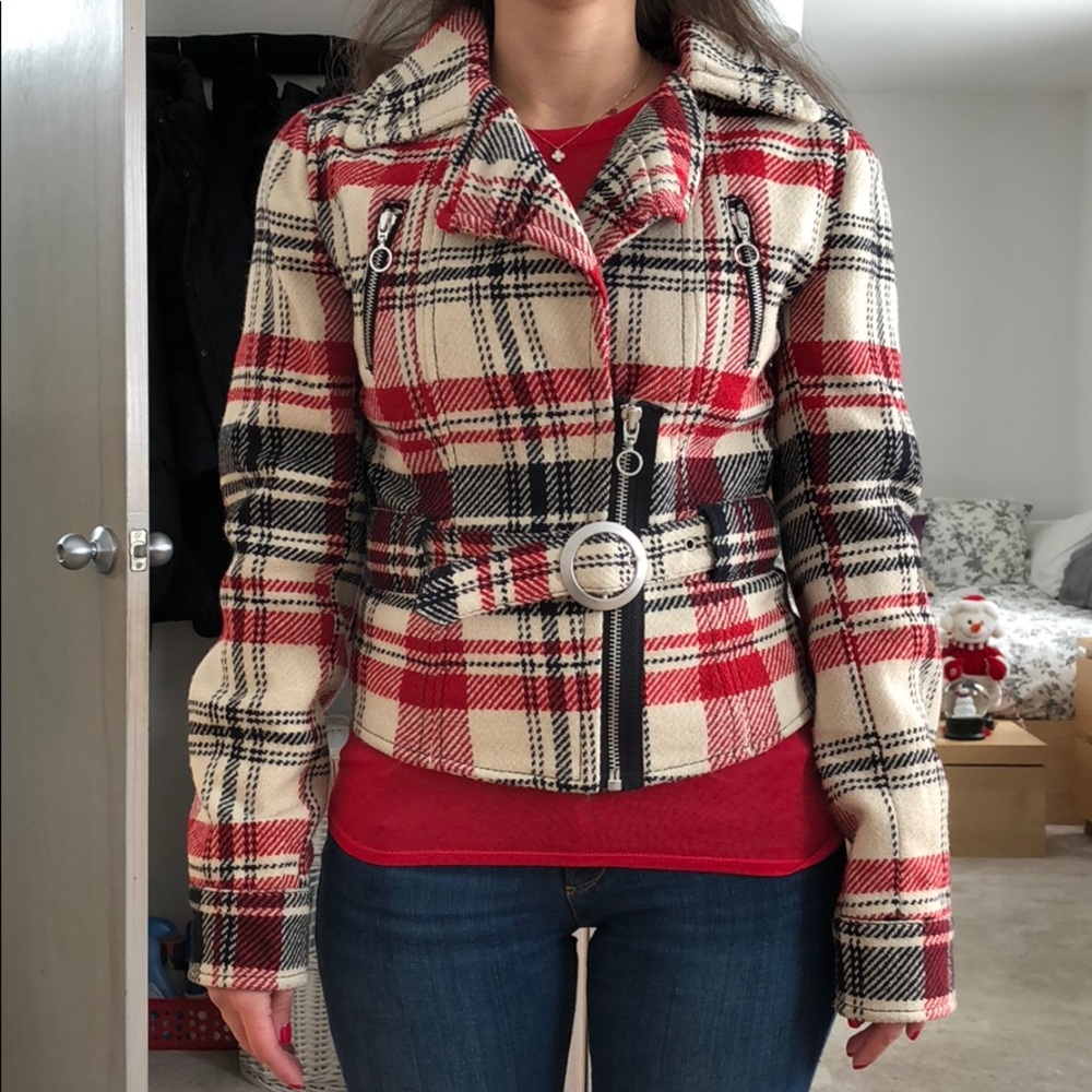 Plaid Moto Jacket with Belt from Express - Size XS